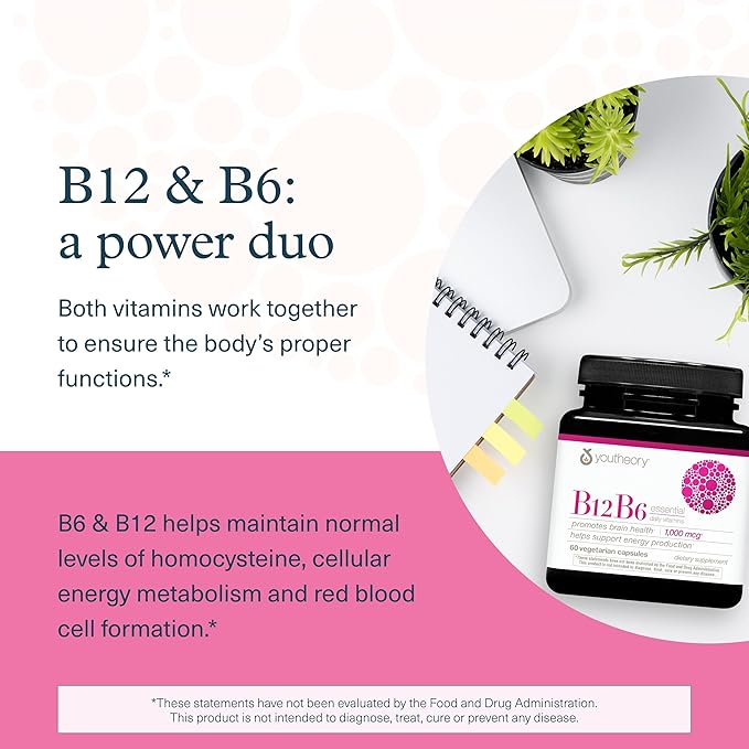 Youtheory B12B6 - Vitamin B12 & B6 - Supports Mood, Nervous System & Metabolism* - Aids Memory & Stress Management* - No Dairy, Soy or Gluten - 60 Capsules (60 Servings)*