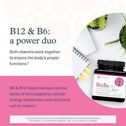 Youtheory B12B6 - Vitamin B12 & B6 - Supports Mood, Nervous System & Metabolism* - Aids Memory & Stress Management* - No Dairy, Soy or Gluten - 60 Capsules (60 Servings)*