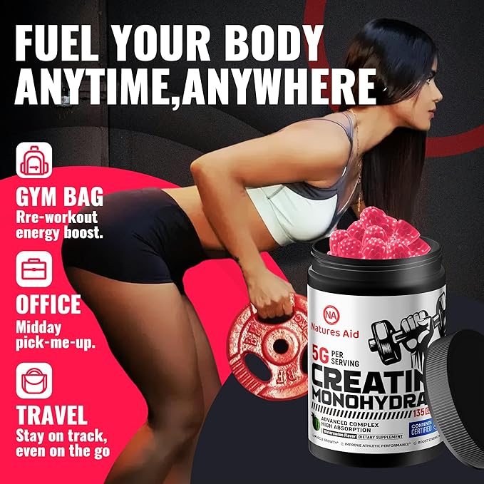 Natures Aid NSF Certified Creatine Gummy 5g - Creatine Monohydrate Gummies – Pre-Workout Energy & Muscle Growth Support for Men & Women | Watermelon Electrolyte Gummies (135 Count)