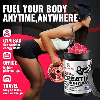 Natures Aid NSF Certified Creatine Gummy 5g - Creatine Monohydrate Gummies – Pre-Workout Energy & Muscle Growth Support for Men & Women | Watermelon Electrolyte Gummies (135 Count)