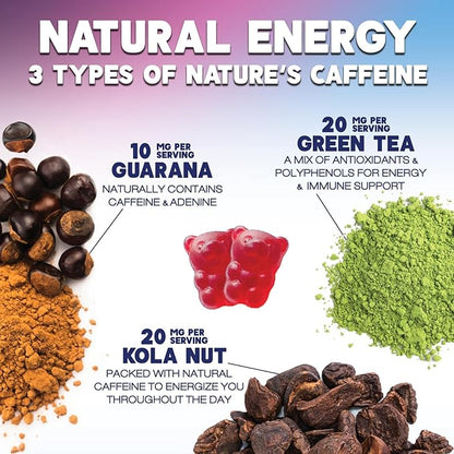 Energy Gummies - Vitamin B12 1000 mcg Per Serving - Daily Energy Gummy with Natural Caffeine from Green Tea, Berry Flavor B12 Chewable Exercise Supplement for Running Cycling & Sports - 120 Gummies