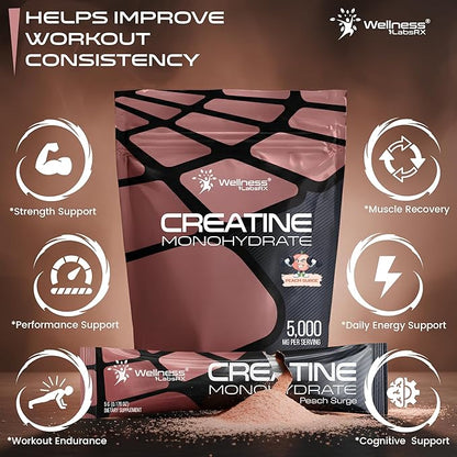 WELLNESS LABSRX Creatine Monohydrate Powder Sachets 300g – Peach Flavor Micronized Creatine Powder Supplement, Creatine for Women and Men, Supports Muscle Strength, Energy, Performance - 60 Servings