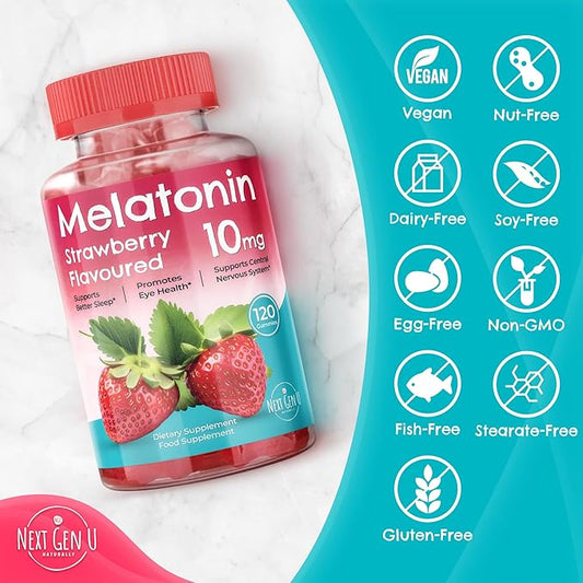 Melatonin Gummies - 10 mg Dietary Supplement - Strawberry Flavored - 120 Vegan Gummies - by NextGenU