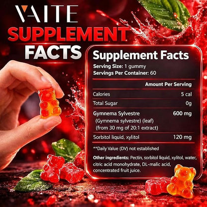 VAITE Gymnema Sylvestre Supplements 600mg – 20:1 Leaf Extract Gummies, Non-GMO, Gluten-Free, Vegan-Friendly, Made with Plant-Based Ingredients, with Antioxidant Properties, 60 Chewable Gummies