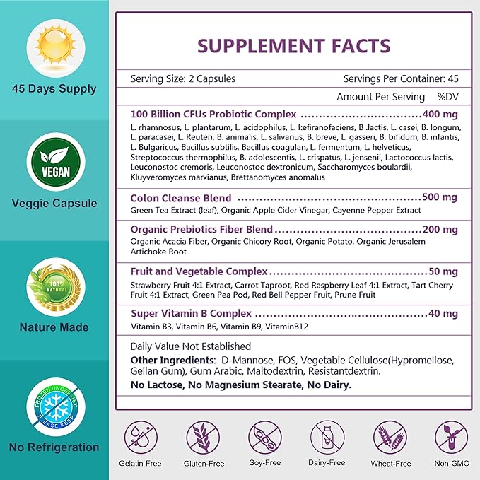 NATURE TARGET Probiotics for Women-Men Digestive Health, Mens-Womens Probiotic with Prebiotics, 100 Billion for Gut and Immune Health, No Refrigeration, 90 Veggie Capsules (45 Days Supply)