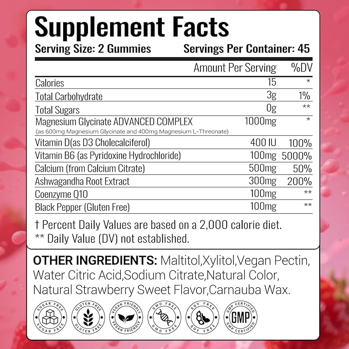 Magnesium Glycinate Gummies 1000mg with Calcium, Vitamin D3, B6 & CoQ10 - Strawberry, 90 Count - Calm Supplement for Sleep, Muscle Cramps & Stress Relief | Ashwagandha | Sugar-Free & Vegan