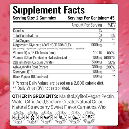 Magnesium Glycinate Gummies 1000mg with Calcium, Vitamin D3, B6 & CoQ10 - Strawberry, 90 Count - Calm Supplement for Sleep, Muscle Cramps & Stress Relief | Ashwagandha | Sugar-Free & Vegan