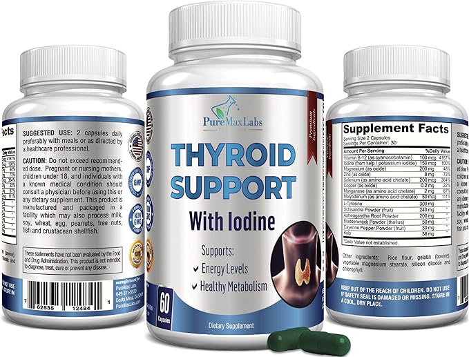 Thyroid Support with Iodine - Metabolism Booster, Energy Booster, Increase Focus - Premium Non-GMO Thyroid Supplement 60 Capsules