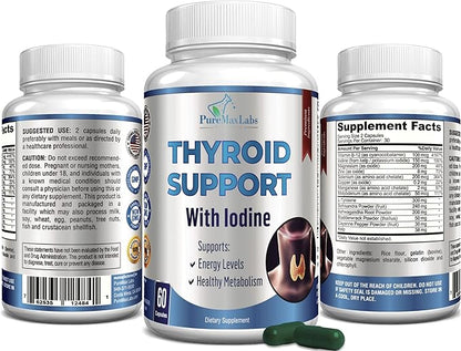 Thyroid Support with Iodine - Metabolism Booster, Energy Booster, Increase Focus - Premium Non-GMO Thyroid Supplement 60 Capsules