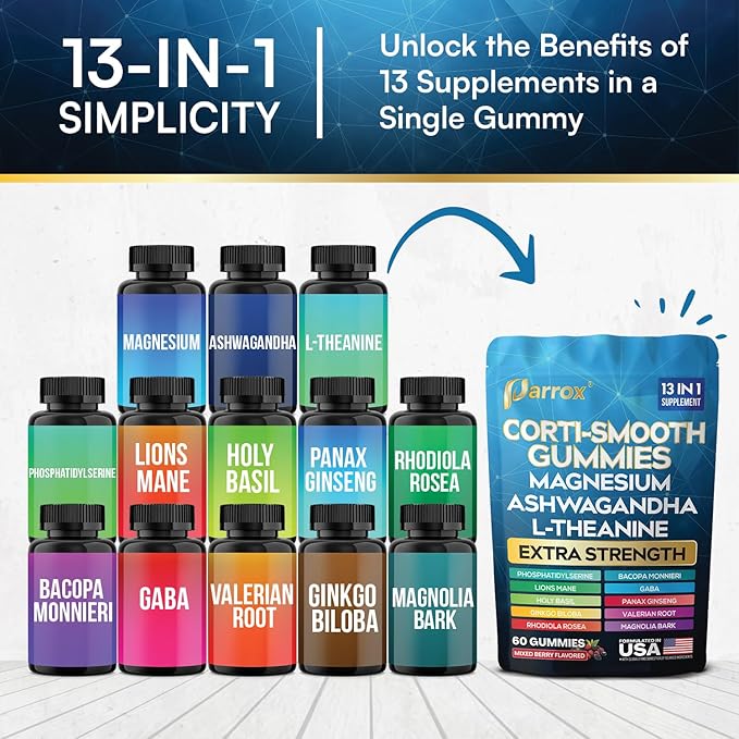 Corti-Smooth Cortisol Support Gummies with Magnesium, L-Theanine, Ashwagandha, Phosphatidylserine, Bacopa Monnieri, Lions Mane, Ginkgo Biloba, Valerian Root (Mixed Berry Flavor - 3 Pack)