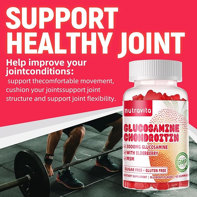 Nutravita Glucosamine Chondroitin Gummies with MSM & Elderberry Extra Strength - Joint Support, Antioxidant Immune Support Supplement for Adults, Men & Women.120 Strawberry Chews