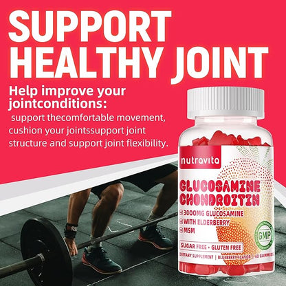 Nutravita Glucosamine Chondroitin Gummies with MSM & Elderberry Extra Strength - Joint Support, Antioxidant Immune Support Supplement for Adults, Men & Women.120 Strawberry Chews