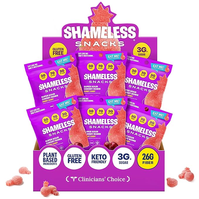 Shameless Snacks - Healthy Low Calorie Snacks, Low Carb Keto Gummies (Gluten Free Candy) - 6 Pack Sour Cherry Bomb