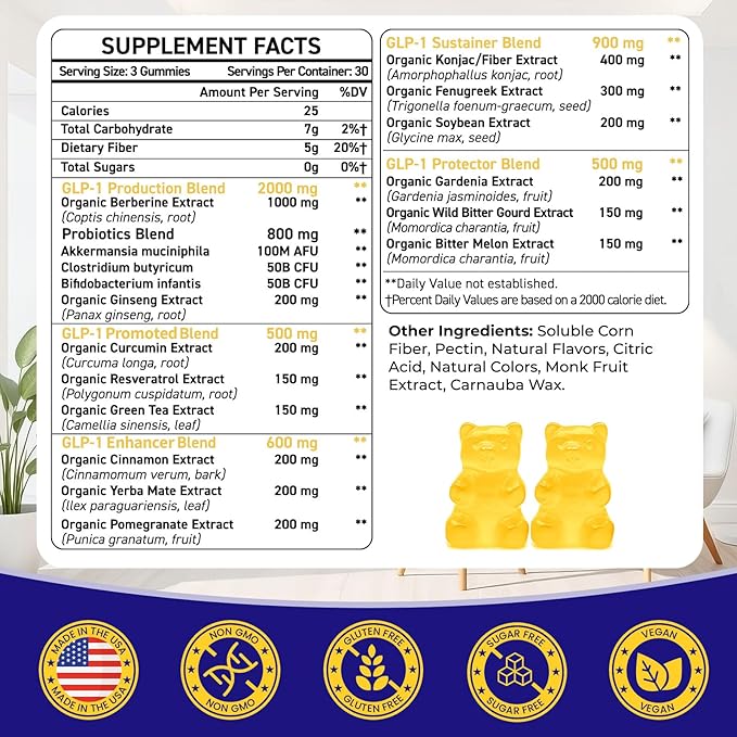 GLP-1, GLP-1 Supplement for Women & Men, Natural GLP 1 Gummies with Berberine, Akkermansia Probiotic, for GLP1 Levels, Metabolism*, lmmune, Energy, Gut & Digestion, No Sugar, 90 Gummies