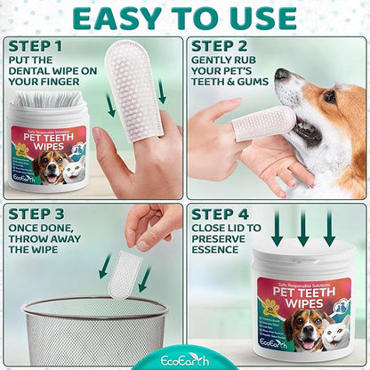Premium Teeth Cleaning Wipes for Dogs & Cats - 100 Pcs - Pet Dental Care Finger Pads for Fresh Breath & Oral Hygiene - Embossed Pattern & Nano Plastic-Dotting to Remove Plaque & Tartar
