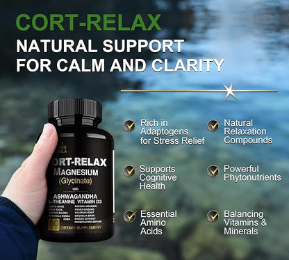 Super Calm Cortisol Supplements for Women & Men with Magnesium Glycinate, Ashwagandha, L-Theanine, Phosphatidylserine, Ginkgo & Lions Mane for Calm, Focus, Mental Clarity, Relaxation, Sleep, Energy