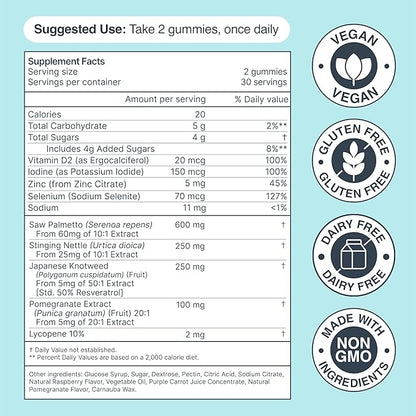 Prostate Health Gummies for Men & Women with Saw Palmetto & Lycopene - Prostate Supplements, Urinary Support, 9-in-1 Formula, Vegan, Gluten-Free, Non-GMO - 60 Gummies, 30 Day Supply