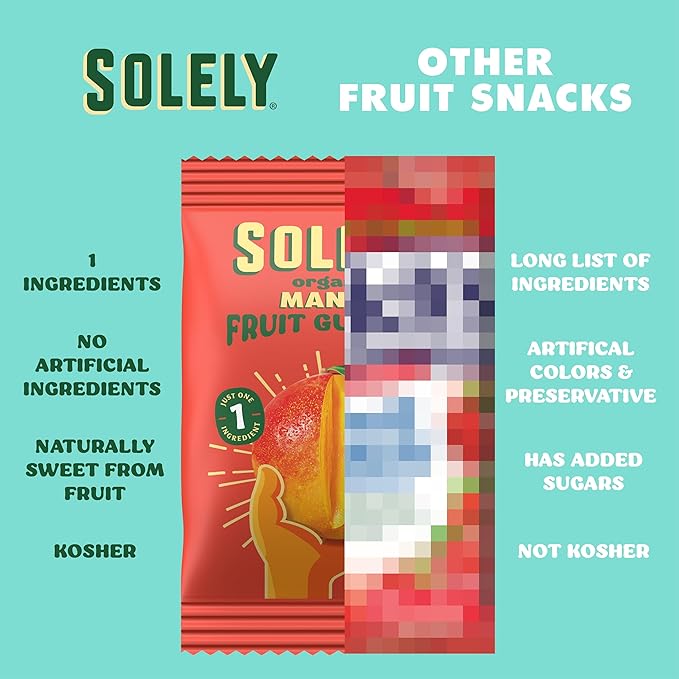 SOLELY - Organic Mango Whole Fruit Gummies Variety Pack (6 Boxes, 5 Flavors, 5 Individual Bags per Box) -Real Fresh Fruit -Healthy Snacks for Adults & Kids -Non GMO,Vegan Snacks,Shelf Stable -20 Bags (3.5 oz)
