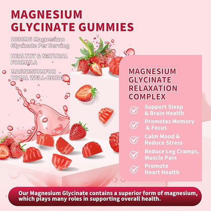 120 CT Magnesium Glycinate Gummies 1000 mg for Women and Men, Magnesium Malate & Taurate Supplements for Sleep, Body Support and Relaxation, Sugar Free, Vegan, Strawberry Flavor
