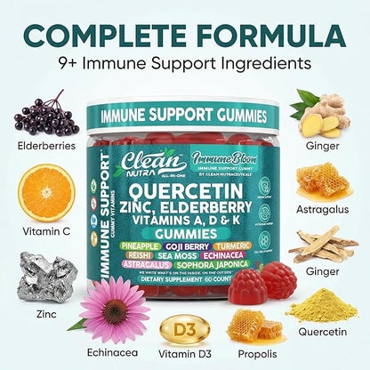 Clean Quercetin Elderberry Immune Support Gummies | Zinc Vitamin K2 D3 A Bromelain Goji Berry Turmeric Sea Moss Echinacea Astragalus Selenium Olive Leaf Immunity Supplement Gummy Vitamins