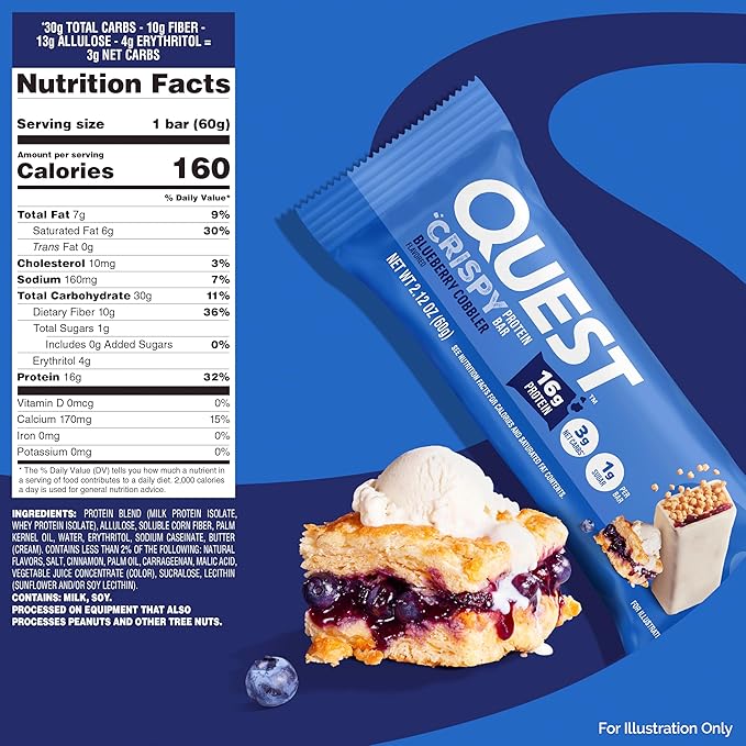 Quest Nutrition Crispy Blueberry Cobbler Hero Protein Bar, 16g Protein, 1g Sugar, 3g Net Carb, Gluten Free Protein Snack, Keto Friendly, 4 Count
