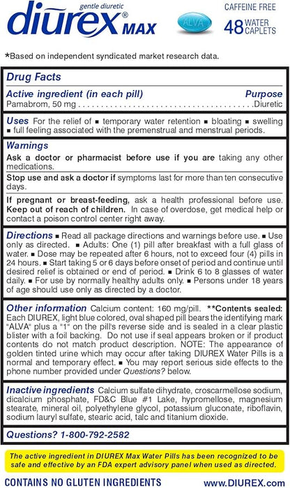 Diurex Caffeine-Free Bloat Relief, Maximum Strength, Relieve Water Bloat Discomfort, Up to 6 Hours of Relief, 48 Count (Pack of 2)