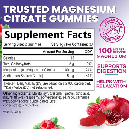 Magnesium Citrate Gummies - Sugar Free - High Absorption & Bioavailability Magnesium Gummy Supplement - Improved Vegan Formula - Supports Bones, Muscles, Calm, & Relaxation - Mag Citrate - 60 Gummies