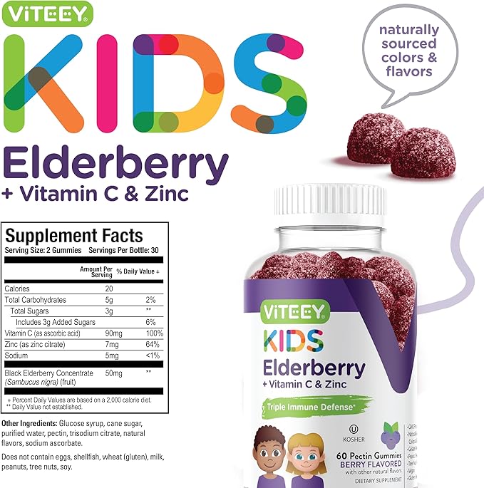 Viteey Sambucus Elderberry for Kids Immune Support Supplements with Zinc & Vitamin C - 3-1 Immune Booster - Vegen, Gelatin Free, Gluten Free, GMO Free - Tasty Chewable Berry Flavored Gummy