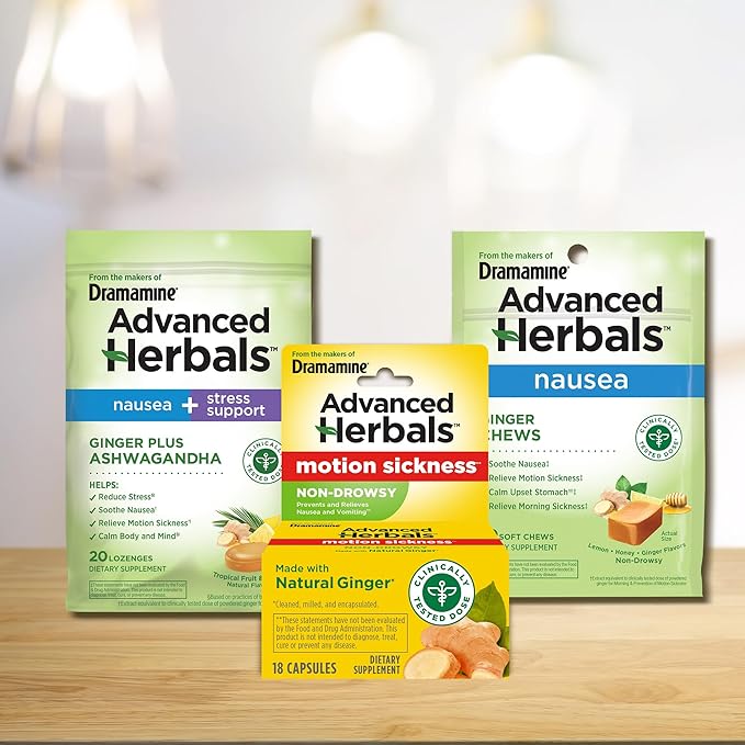 from The Makers of Dramamine, Advanced Herbals Ginger Chews for Nausea Relief, Morning Sickness Relief & Motion Sickness Relief During Travel, Lemon-Honey, 40 Count