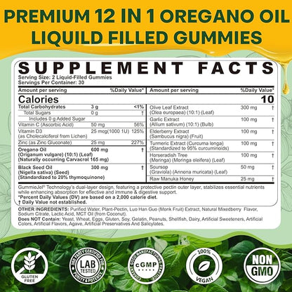 Oil of Oregano with Black Seed Oil Gummies, Elderberry & Garlic, 12-in-1 Oregano Oil Supplement w/ Vitamin C, D3 & Zinc for Immune & Respiratory Support, Aceite de Orégano Cápsulas Replacement, 60 Cts