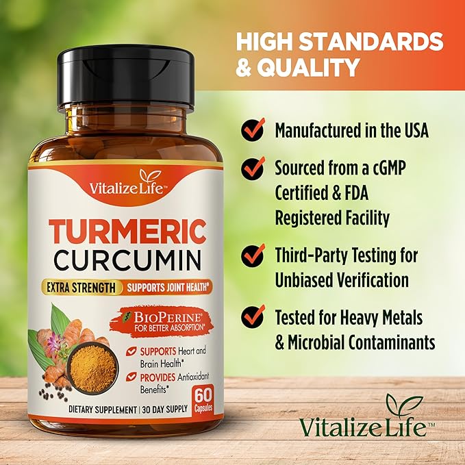 Organic Turmeric Curcumin Supplement Capsules – Made in USA – Extra Strength with BioPerine and 95% Curcuminoids for Joint Health and Healthy Inflammation Support – 60 Vegan Pills