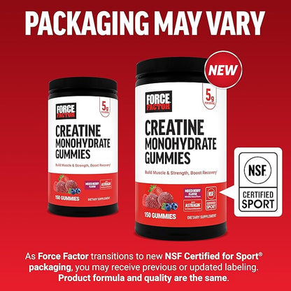 Force Factor Creatine Monohydrate Gummies, NSF Certified, 5g Dose for Men & Women to Support Muscle, Strength, Recovery, Cognitive Health & Memory, Mixed Berry, 150 Gummies