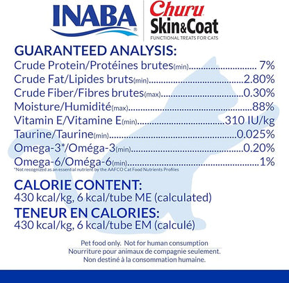 INABA Churu Lickable Purée Natural Cat Treats for Skin and Coat with Omega Oils,Taurine and Vitamin E,0.5 Ounces Each Tube, Tubes,Skin & Coat Variety,(Pack of 100)