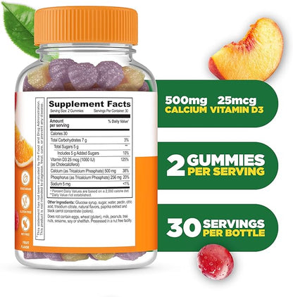 Lifeable Calcium with Vitamin D3 Gummies | Calcium 500 mg D3 1000 IU | Great Tasting Bone Strength Supplements | for Bone Health | Calcium Gummies for Women, Men | 60 Gummies