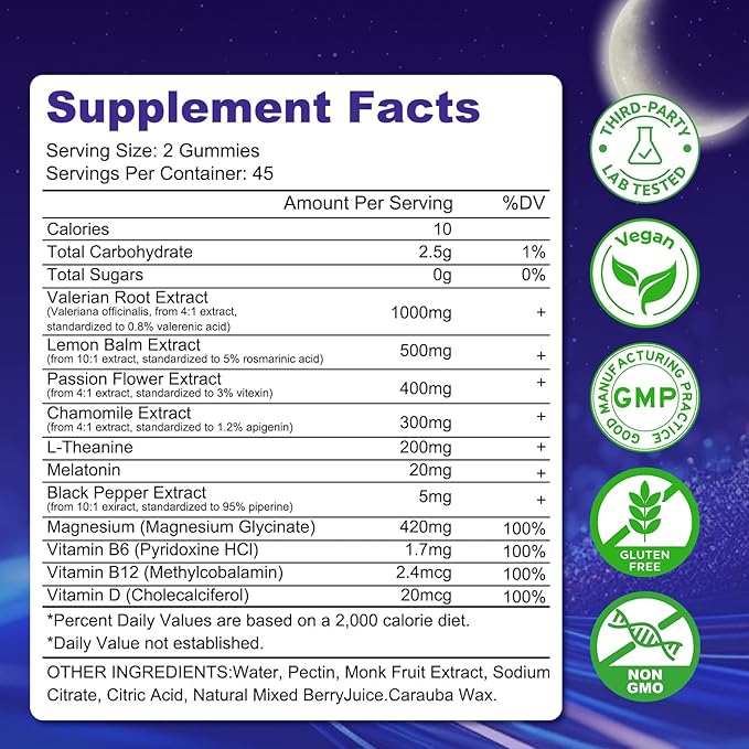 90 Count | Valerian Root Gummies with Melatonin & L-Theanine, Natural Valerian Root Extract Supplements for Deep Zzz, Relaxation & Calming, Mixed Berry Flavor, Sugar Free, Non-GMO