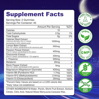 90 Count | Valerian Root Gummies with Melatonin & L-Theanine, Natural Valerian Root Extract Supplements for Deep Zzz, Relaxation & Calming, Mixed Berry Flavor, Sugar Free, Non-GMO
