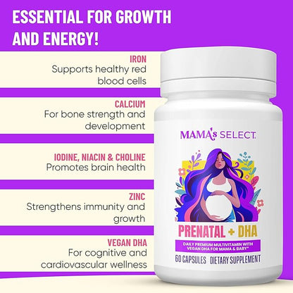 Mama's Select Prenatal Vitamins with Vegan DHA – Fish-Free, No Fish Burps, Allergen-Free, MTHFR Support, Methylated Folate & B Vitamins, Digestive-Friendly, No Biotin