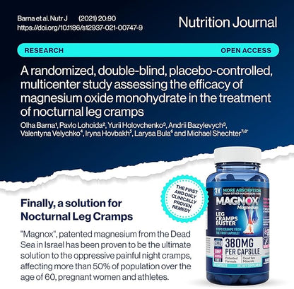 MAGNOX® Buster | Patented Clinically Tested 380mg Magnesium Supplement for Spasms & Leg Cramps at Night | One Capsule a Day for Almost Full Dosage | 3X More Absorption | Dead Sea Minerals (60 Caps)