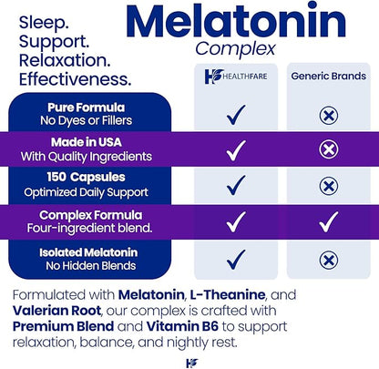 Healthfare Melatonin 20mg | 150 Veg Capsules | Complex with L-Theanine | Valerian Root & Vitamin B6 | Vegetarian Formula | Non-GMO | Gluten-Free | Made in The USA