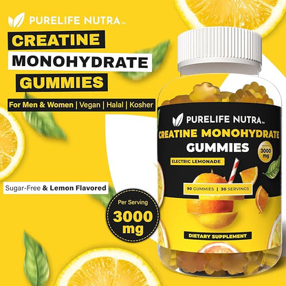 Creatine Monohydrate Gummies - 3g serving, Sugar free, 90 Count, Electric Lemonade flavored Creatine Gummies for Men & Women, Gluten Free, Non Bloating - Vegan, Halal, Kosher. (90 Units, Lemonade)
