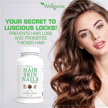 Wellgenix Purvana Hair Skin and Nails Supplement – 2500mcg Biotin Softgels with MSM & B-Complex – Daily Beauty Support for Stronger Nails & Hair Vitality – 180 Softgels (2 Pack)