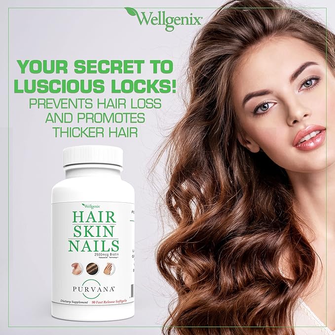 Wellgenix Purvana Hair Skin and Nails Supplement – 2500mcg Biotin Softgels with MSM & B-Complex – Daily Beauty Support for Stronger Nails & Hair Vitality – 90 Softgels