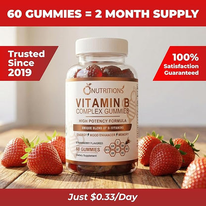 O NUTRITIONS Vitamin B Complex Gummies for Women & Men – High Potency B12 (833% DV) & Biotin – Energy, Mood & Metabolism Support – Vegan Strawberry Gummy Vitamins – 60 Gummies, 2-Month Supply