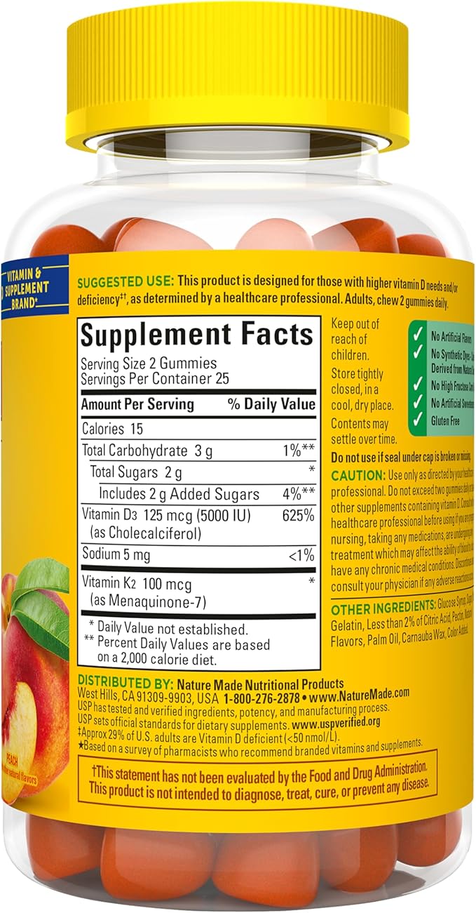 Nature Made Vitamin D3 K2 Gummies, Vitamin D 5000 IU Per Serving for Bone, Teeth, Muscle and Immune Support, 50 Gummy Vitamins, 25 Day Supply