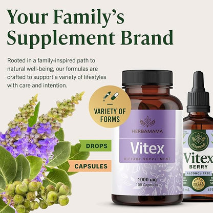 HERBAMAMA Vitex Berry Capsules – Natural Menopause Supplements* for Women – 1000mg Vitex Chasteberry Fruit per Serving for Menopause Support* – Vegan, Non-GMO – 50-Day Supply