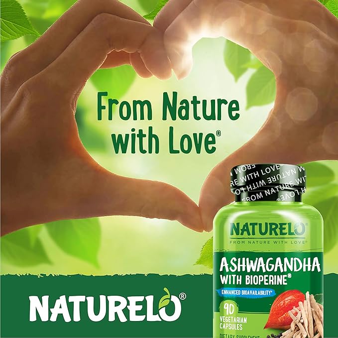 NATURELO Ashwagandha Organic Root Powder - Natural Herbs Supplement for Fatigue, Stress Relief, Mood Enhancer - with Black Pepper Extract - 90 Vegan Capsules
