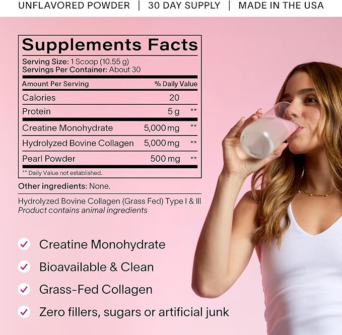 Ladywell Creatine Pearl Complex | 3-in-1 Formula for Women | Creatine Monohydrate, Collagen & Pearl Powder | Supports Energy, Skin Health, Mental Clarity, Metabolism & Lean Muscle | 30 Servings