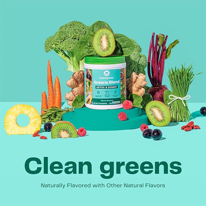 Amazing Grass Greens Blend Detox & Digest: Cleanse with Super Greens Powder, Beet Root Powder, Digestive Enzymes, Prebiotics & Probiotics, Clean Green, 30 Servings (Packaging May Vary)