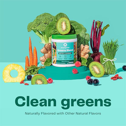 Amazing Grass Greens Blend Detox & Digest: Cleanse with Super Greens Powder, Beet Root Powder, Digestive Enzymes, Prebiotics & Probiotics, Clean Green, 30 Servings (Packaging May Vary)