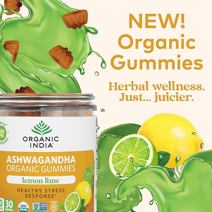 ORGANIC INDIA Ashwagandha Gummies for Men & Women - Stress Supplement, KSM-66 Ashwagandha Root, Extra Strength, Calm Chews, Vegan, Non-GMO - Lemon Lime, 60 Gummies